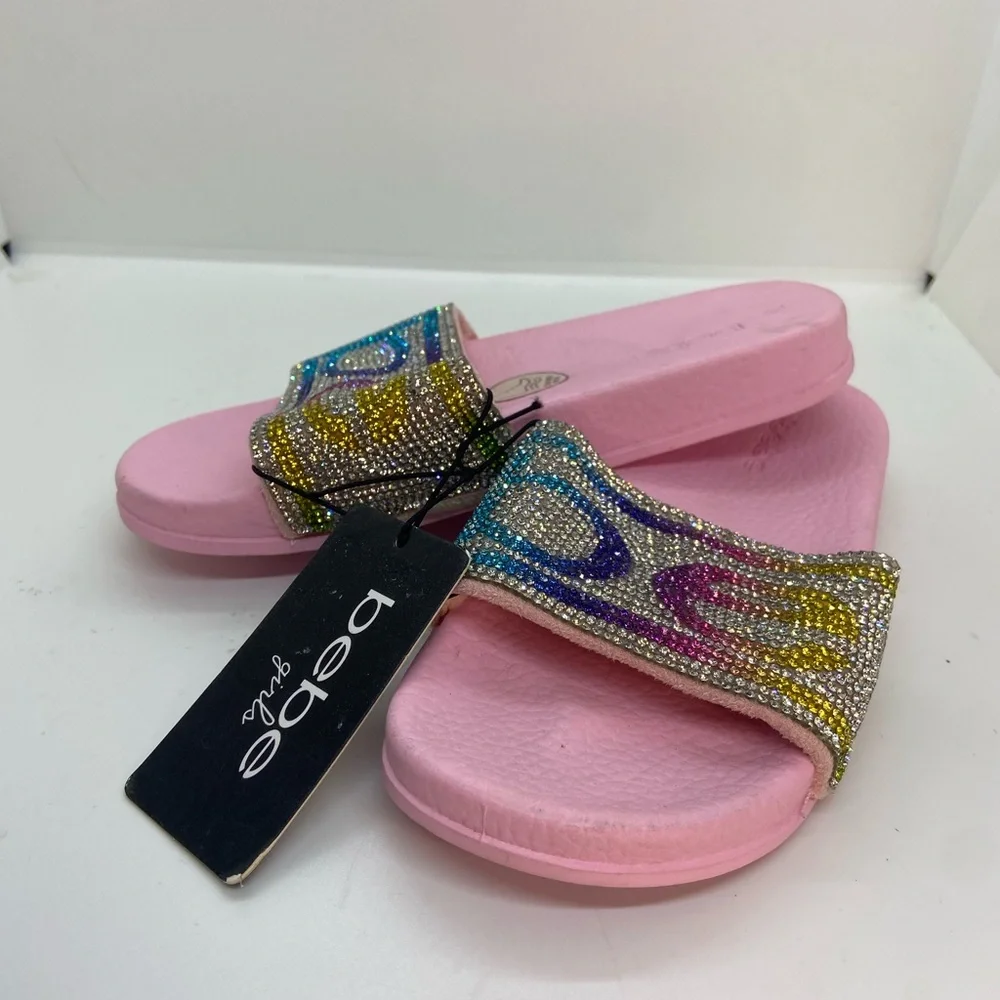 NWT Bebe Girls Pink Rainbow Rhinestone Slide Sandals Size 13/1